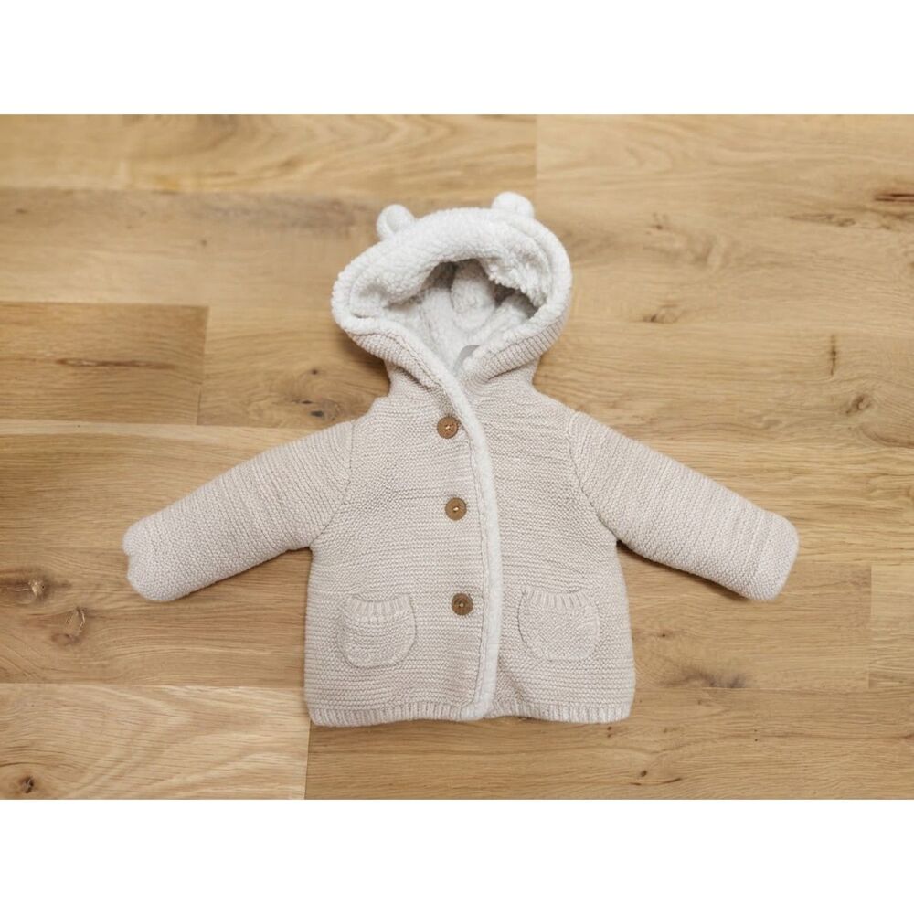 Carter's Baby Bear Ears Knit Hooded Sweater Jacket Oatmeal Cream 3M EUC